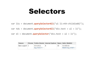 Selectors
var lis = document.querySelectorAll("ul li:nth‐child(odd)");

var tds = document.querySelectorAll("div.test > ul > li");

var el = document.querySelector("div.test > ul > li");
 