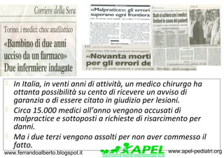www.apel-pediatri.orgwww.ferrandoalberto.blogspot.it
 In Italia, in venti anni di attività, un medico chirurgo ha
ottanta...