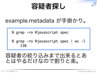 スローテスト刑事�(デカ) Powered�by�Rabbit�2.1.8
容疑者探し
example.metadata�が⼿掛かり。
���������������������������
�����������������������������������
�������
容疑者の絞り込みまで出来るとあ
とはやるだけなので割りと楽。
 