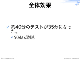 スローテスト刑事�(デカ) Powered�by�Rabbit�2.1.8
全体効果
約40分のテストが35分になっ
た。
9%ほど削減✓
✓
 