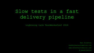 Slow tests in a fast
delivery pipeline
Lightning talk TestWorksConf 2016
Bas Dijkstra
bas@ontestautomation.com
www.ontestautomation.com
@_basdijkstra
 