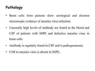 Pathology
• Brain cells from patients show serological and electron
microscopic evidence of measles virus infection.
• Unusually high levels of antibody are found in the blood and
CSF of patients with SSPE and defective measles virus in
brain cells.
• Antibody is regularly found in CSF and is pathognomonic.
• CMI to measles virus is absent in SSPE.
 