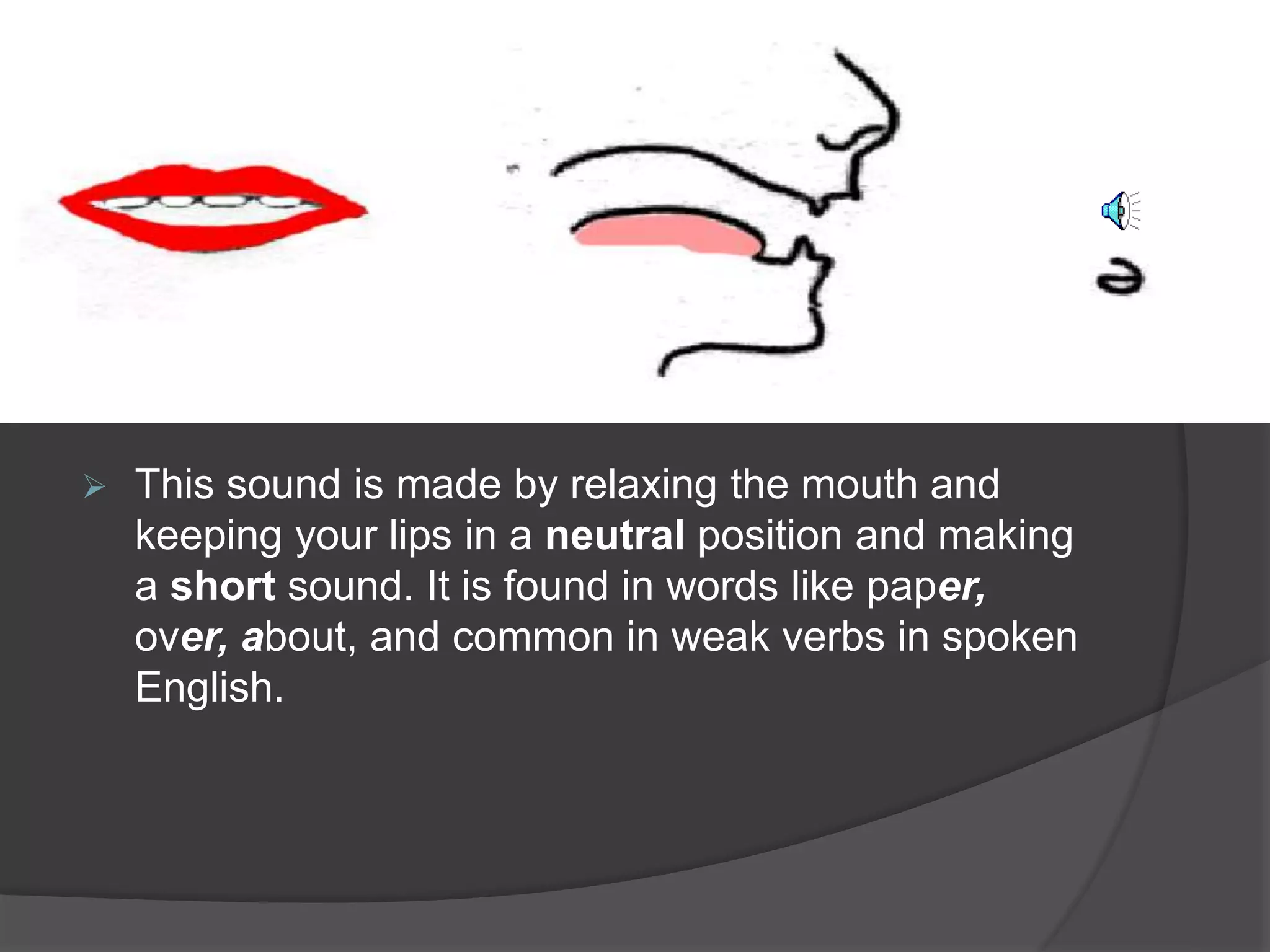  This sound is made by relaxing the mouth and 
keeping your lips in a neutral position and making 
a short sound. It is found in words like paper, 
over, about, and common in weak verbs in spoken 
English. 
 