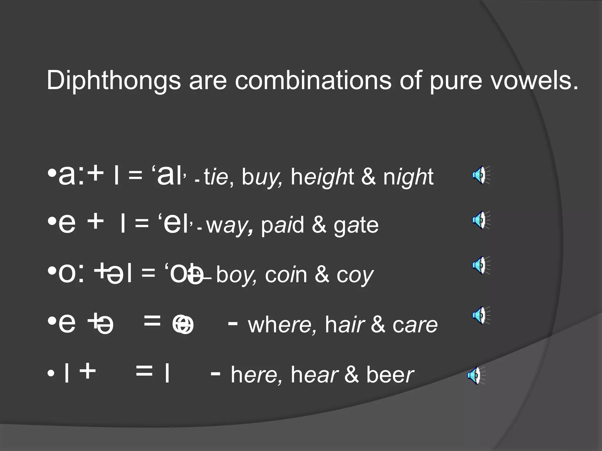 Diphthongs are combinations of pure vowels. 
•a:+ I = ‘aI’ - tie, buy, height & night 
•e + I = ‘eI’ -way, paid & gate 
•o: + I = ‘oI’ – boy, coin & coy 
•e + = e - where, hair & care 
• I + = I - here, hear & beer 
e e 
e e 
 