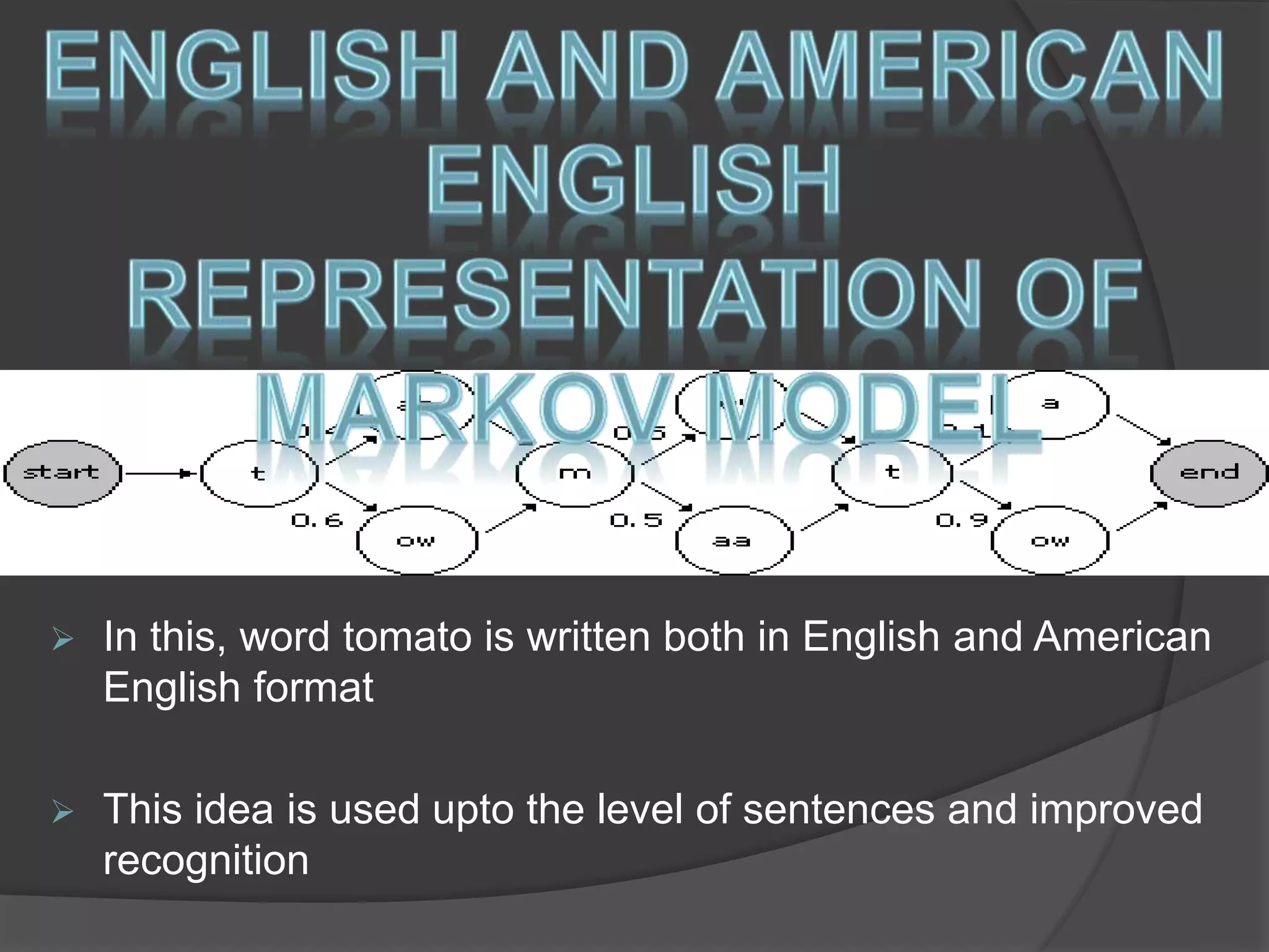 In this, word tomato is written both in English and American 
English format 
 This idea is used upto the level of sentences and improved 
recognition 
 