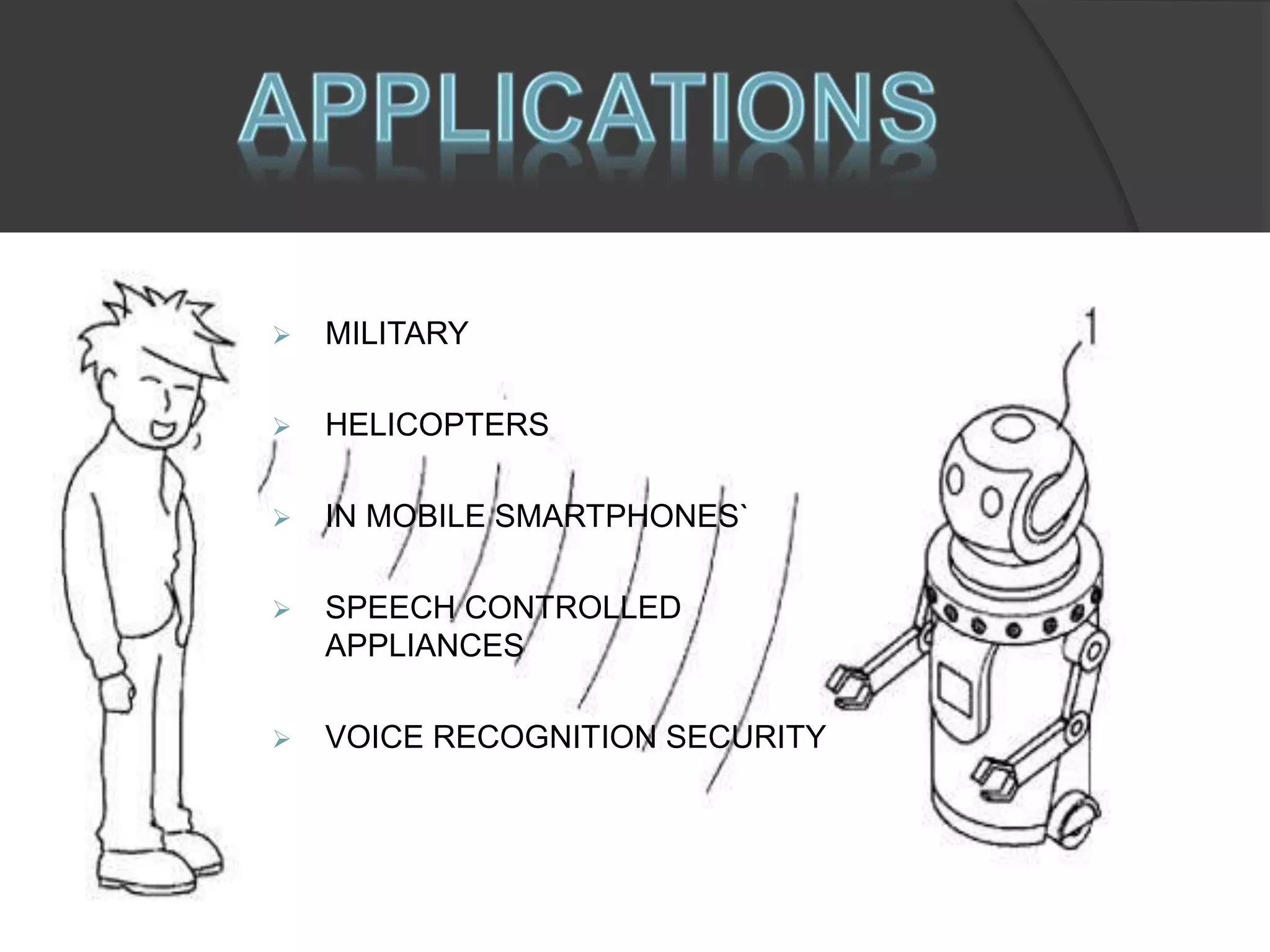  MILITARY 
 HELICOPTERS 
 IN MOBILE SMARTPHONES` 
 SPEECH CONTROLLED 
APPLIANCES 
 VOICE RECOGNITION SECURITY 
 