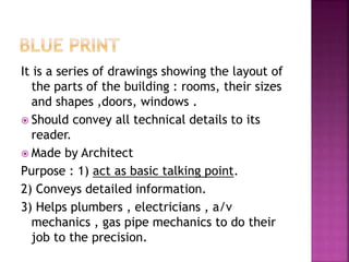 It is a series of drawings showing the layout of
the parts of the building : rooms, their sizes
and shapes ,doors, windows .
 Should convey all technical details to its
reader.
 Made by Architect
Purpose : 1) act as basic talking point.
2) Conveys detailed information.
3) Helps plumbers , electricians , a/v
mechanics , gas pipe mechanics to do their
job to the precision.
 