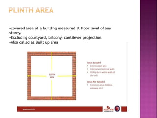 •covered area of a building measured at floor level of any
storey.
•Excluding courtyard, balcony, cantilever projection.
•Also called as Built up area
 