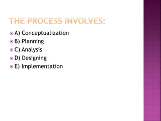  A) Conceptualization
 B) Planning
 C) Analysis
 D) Designing
 E) Implementation
 