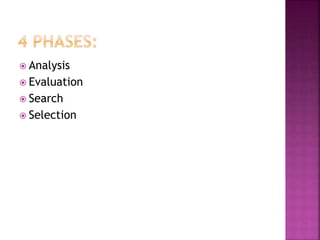  Analysis
 Evaluation
 Search
 Selection
 