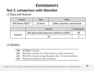 Test 1: comparison with WaveNet
 Data and feature
 Models
23[1] Kawai, H., Toda, T., Ni, J., Tsuzaki, M., and Tokuda, K. (2004). Ximera: A new TTS from ATR based on corpus-based technologies. In Proc. SSW5, pages 179–184..
Corpus Size Note
ATR Ximera F009 [1] 15 hours 16kHz, Japanese, neutral style
Feature Dimension
Acoustic
Mel-generalized cepstrum coefficients (MGC) 60
F0 1
EXPERIMENTS
 