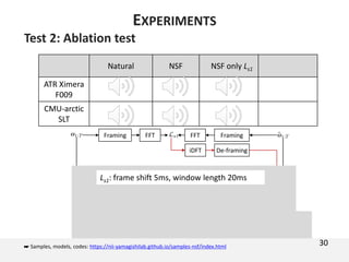 FFTFraming FFT Framing
iDFT De-framing
FFTFraming FFT Framing
iDFT De-framing
FFTFraming FFT Framing
iDFT De-framing +
Test 2: Ablation test
30
EXPERIMENTS
Ls1: frame shift 5ms, window length 20ms
Natural NSF NSF only Ls1
ATR Ximera
F009
CMU-arctic
SLT
☛ Samples, models, codes: https://nii-yamagishilab.github.io/samples-nsf/index.html
 
