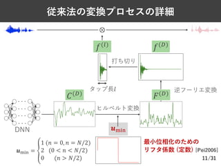 /31
従来法の変換プロセスの詳細
11
𝐶(+)
𝒖./0
𝐹(+)
DNN
𝒖./0 = 4
1 (𝑛 = 0, 𝑛 = 𝑁/2)
2 (0 < 𝑛 < 𝑁/2)
0 (𝑛 > 𝑁/2)
𝑓(+)
𝑓(2)
⊗
ヒルベルト変換
打ち切り
タップ⻑𝑙 逆フーリエ変換
最⼩位相化のための
リフタ係数 (定数) [Pei2006]
 