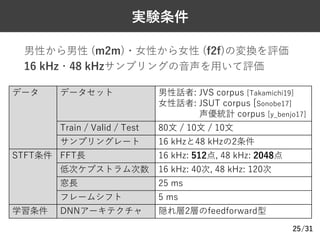 /31
実験条件
25
データ データセット 男性話者: JVS corpus [Takamichi19]
⼥性話者: JSUT corpus [Sonobe17]
声優統計 corpus [y_benjo17]
Train / Valid / Test 80⽂ / 10⽂ / 10⽂
サンプリングレート 16 kHzと48 kHzの2条件
STFT条件 FFT⻑ 16 kHz: 512点, 48 kHz: 2048点
低次ケプストラム次数 16 kHz: 40次, 48 kHz: 120次
窓⻑ 25 ms
フレームシフト 5 ms
学習条件 DNNアーキテクチャ 隠れ層2層のfeedforward型
Ø 男性から男性 (m2m)・⼥性から⼥性 (f2f)の変換を評価
Ø 16 kHz・48 kHzサンプリングの⾳声を⽤いて評価
 