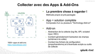 Collecter avec des Apps & Add-Ons
• La première chose à regarder !
Méthode propre et pré-packagée
• App = solution complète
Composée d’un ou plusieurs "Technology Add-on"
• Add-on
o Abstraction de la collecte (log file, API, scripted
input, HEC)
o Contient généralement l’extraction de champs
(schémas à la volée)
o Contient les fichiers de configuration
(props/transforms) et d’éventuels scripts ou outils
de collecte
1600+ apps et add-ons:
https://splunkbase.com/
 