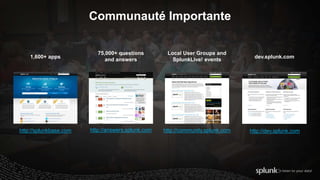 Communauté Importante
dev.splunk.com
75,000+ questions
and answers
1,600+ apps
Local User Groups and
SplunkLive! events
http://community.splunk.comhttp://answers.splunk.comhttp://splunkbase.com http://dev.splunk.com
 