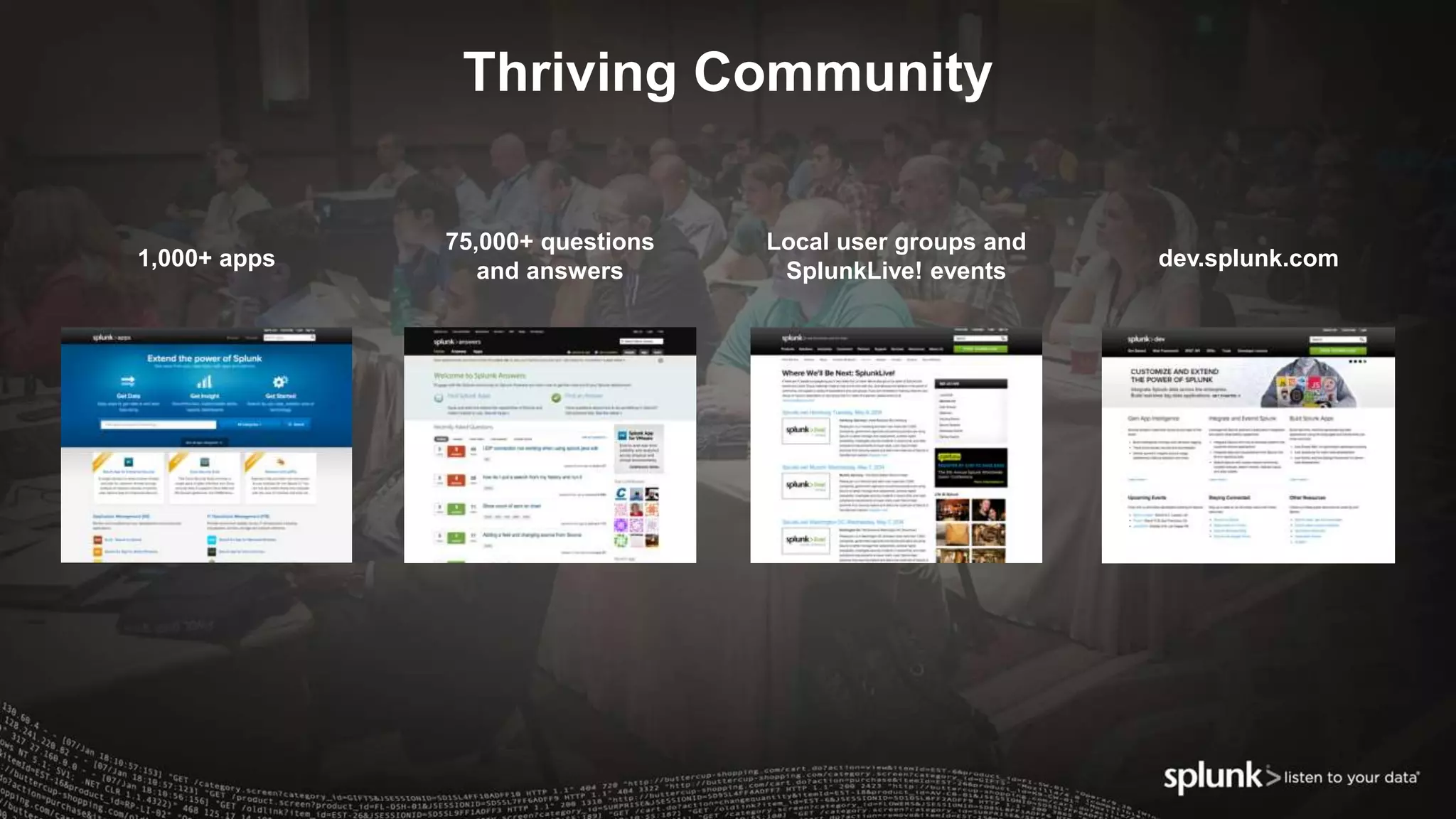 Thriving Community
dev.splunk.com
75,000+ questions
and answers
1,000+ apps
Local user groups and
SplunkLive! events
 