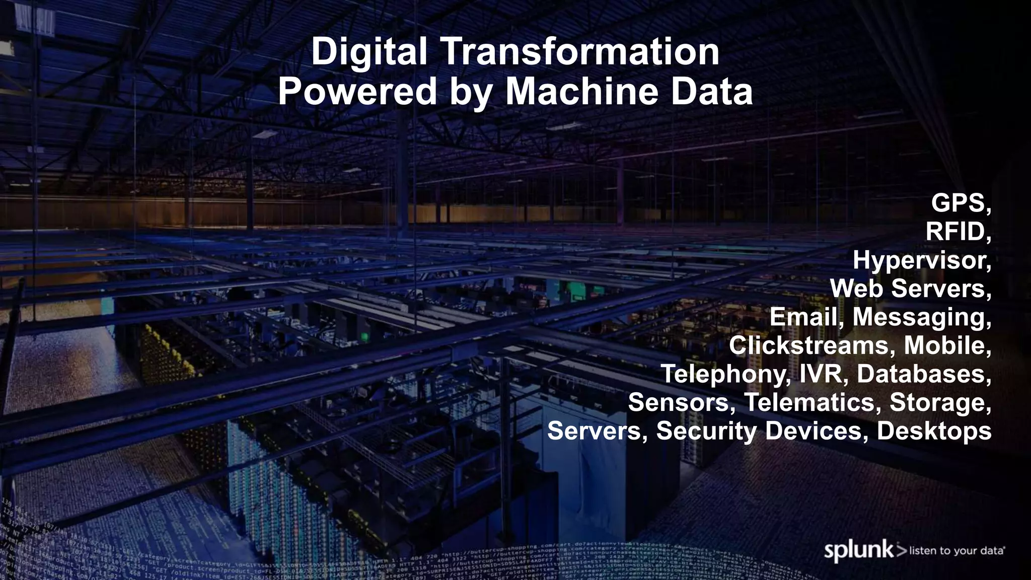Digital Transformation
Powered by Machine Data
GPS,
RFID,
Hypervisor,
Web Servers,
Email, Messaging,
Clickstreams, Mobile,
Telephony, IVR, Databases,
Sensors, Telematics, Storage,
Servers, Security Devices, Desktops
 