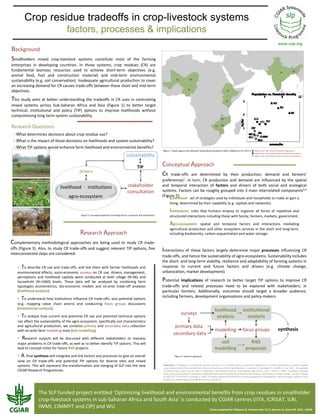 Crop residue tradeoffs in crop-livestock systems
                                     factors, processes & implications
                                                                                                                                                                                                                                                               www.vslp.org
Background
Smallholders  mixed  crop‐livestock  systems  constitute  most  of  the  farming 
enterprises  in  developing  countries.  In  those  systems,  crop  residues  (CR)  are 
fundamental  biomass  resources  used  to  achieve  short‐term  objectives  (e.g. 
animal  feed,  fuel  and  construction  material)  and  mid‐term  environmental 
sustainability (e.g. soil conservation). Inadequate agricultural production to cover 
an increasing demand for CR causes trade‐offs between these short and mid‐term 
objectives. 
This  study  aims  at  better  understanding  the  tradeoffs  in  CR  uses  in  contrasting 
mixed  systems  across  Sub‐Saharan  Africa  and  Asia  (Figure  1)  to  better  target 
technical,  institutional  and  policy  (TIP)  options  to  improve  livelihoods  without 
compromising long term system sustainability.

Research Questions
 ‐ What determines decisions about crop residue use? 
 ‐ What is the impact of those decisions on livelihoods and system sustainability?
 ‐ What TIP options would enhance farm livelihood and environmental benefits?
                                                                                                                            Figure 1: Study regions and allocation along density gradients (after Valbuena et al. 20111).         Regions with high human and livestock populations
                                                                                                                                                                                                                                  Regions with intermediate human and livestock populations
                                                                                           sustainability                                                                                                                         Regions with relatively low human and livestock populations




                                                                                                       TIP                  Conceptual Approach
                                             drivers
                                                                                                                            CR   trade‐offs  are  determined  by  their  production,  demand  and  farmers’
                                                                                                                            preferences2.  In  turn,  CR  production  and  demand  are  influenced  by  the  spatial 
                                livelihood          institutions                             stakeholder                    and  temporal  interaction  of  factors and  drivers  of  both  social  and  ecological 
                                                                                             consultation                   systems. Factors can be roughly grouped into 3 main interrelated components3,4
                                      agro‐ecosystem                                                                        (Figure 2): 
                                                                                                                                   Livelihood:  set of strategies used by individuals and households to make or gain a 
                                                                                                                                   living, determined by their capability (e.g. capitals and networks). 

                                                                                                                                   Institutions: rules  that  humans  employ  to  organize  all  forms  of  repetitive  and 
                                              Figure 2: conceptual approach including factors, processes and implications
                                                                                                                                   structured interactions including those with family, farmers, markets, government. 

                                                                                                                                   Agro‐ecosystem:      spatial  and  temporal  factors  and  interactions  mediating 
                                                                                                                                   agricultural  production  and other ecosystem  services  in  the  short  and  long‐term, 
                                              Research Approach                                                                    including biodiversity, carbon sequestration and water storage. 

Complementary  methodological  approaches  are  being  used  to  study  CR  trade‐
offs (Figure 3). Also, to study CR trade‐offs and suggest relevant TIP options, five                                        Interactions  of  these  factors  largely  determine  major  processes influencing  CR 
interconnected steps are considered: 
                                                                                                                            trade‐offs, and hence the sustainability of agro‐ecosystems. Sustainability includes 
                                                                                                                            the short‐ and long‐term viability, resilience and adaptability of farming systems in 
   ‐ To describe CR use and trade‐offs, and link them with farmer livelihoods and                                           response  to  current  and  future  factors  and  drivers  (e.g.  climate change, 
   environmental effects, socio‐economic surveys on CR use, drivers, management,                                            urbanization, market development).
   perceptions  and  livelihood  capitals  were  conducted  at  both  village  (N=96)  and 
   household  (N=1960)  levels.  These  data  will  be  analyzed  by  combining  farm                                       Potential  implications  of  research  to  better  target  TIP  options  to  improve  CR 
   typologies  econometrics,  bio‐economic  models  and  ex‐ante  trade‐off  analyses                                       trade‐offs  and  related  processes  need  to  be  explored  with  stakeholders,  in 
   (livelihood analysis).                                                                                                   particular  farmers.  Additionally,  outcomes  should  target  a  broader  audience, 
                                                                                                                            including farmers, development organisations and policy‐makers. 
   ‐ To understand how institutions influence CR trade‐offs, and potential options 
   (e.g.  mapping  value  chain  actors)  and  conducting  focus  groups  discussions
   (institutional analysis). 
                                                                                                                                                                                     livelihood                      institutional 
                                                                                                                                               surveys
   ‐ To  analyse  how  current  and  potential  CR  use  and  potential  technical  options                                                                                            analysis                        analysis
   can affect the sustainability of the agro‐ecosystem, specifically soil characteristics 
   and  agricultural  production,  we  combine  primary and  secondary  data  collection                                               primary data
   with ex‐ante farm modelling tools (soil modelling).                                                                                                                               modelling                      focus groups                               synthesis
                                                                                                                                      secondary data
   ‐ Research  outputs  will  be  discussed  with  different  stakeholders  to reassess 
   major problems in CR trade‐offs, as well as to better identify TIP options. This will                                                                                               soil                                R4D
   lead to concept notes for future R4D projects.                                                                                                                                    modelling                          proposals
   ‐ A  final synthesis will integrate and link factors and processes to give an overall                                                Figure 3: research approach

   view  on  CR  trade‐offs  and  potential  TIP  options  for  diverse  sites  and  mixed 
   systems. This will represent the transformation and merging of SLP into the new                                          References:  1 Valbuena D, Erenstein O, Homann Ken‐Tui S, et al. Under review. Conservation Agriculture in mixed crop‐livestock systems: Scoping 
                                                                                                                            crop residue trade‐offs in Sub‐Saharan Africa and South Asia. Field Crops Research. 2 Erenstein O, Samaddar, N, Teufel, N, et al. 2011. The paradox 
   CGIAR Research Programmes.                                                                                               of  limited  maize  stover use  in  India`s smallholder  crop‐livestock  systems.  Experimental  Agriculture,  1‐28.  3 Fraser  E.  2007.  Travelling  in  antique 
                                                                                                                            lands: using past famines to develop an adaptability/resilience framework to identify food systems vulnerable to climate change. Climatic Change, 
                                                                                                                            83:495‐514. 4 Plummer R, Armitage, D. 2007. A resilience‐based framework for evaluating adaptive co‐management: linking ecology, economics and 
                                                                                                                            society in a complex world. Ecological Economics, 61:62‐74. 




                 The SLP funded project entitled ‘Optimizing livelihood and environmental benefits from crop residues in smallholder 
                 crop‐livestock systems in sub‐Saharan Africa and South Asia’ is conducted by CGIAR centres (IITA, ICRISAT, ILRI, 
                 IWMI, CIMMYT and CIP) and WU                                             Poster prepared by Valbuena D, Homann‐Ken Tui S, Duncan AJ, Gérard B. 2011. CGIAR 
 
