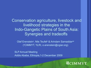 Conservation agriculture, livestock and livelihood strategies in the Indo-Gangetic Plains of South Asia: Synergies and tradeoffs  Olaf Erenstein a , Nils Teufel b  & Arindam Samaddar ab ( a CIMMYT,  b ILRI, o.erenstein@cgiar.org) SLP Annual Meeting Addis Ababa, Ethiopia,1-2 December 2009 
