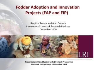 Fodder Adoption and Innovation Projects (FAP and FIP)  Ranjitha Puskur and Alan Duncan International Livestock Research Institute December 2009 Presentation: CGIAR Systemwide Livestock Programme Livestock Policy Group, 1 December 2009 