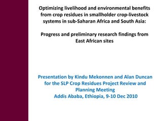 Optimizing livelihood and environmental benefits from crop residues in smallholder crop-livestock systems in sub-Saharan Africa and South Asia: Progress and preliminary research findings from East African sites ,[object Object],[object Object]