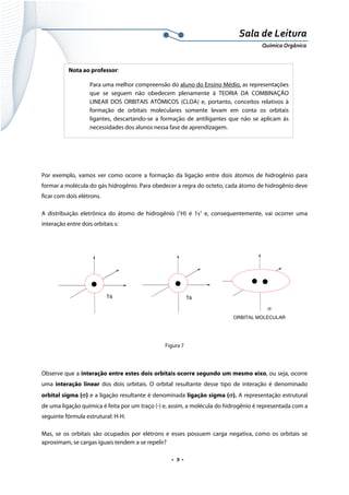  
 
 
.  9 . 
Sala de Leitura 
Química Orgânica 
 
 
Por exemplo, vamos ver como ocorre a formação da ligação entre dois átomos de hidrogênio para
formar a molécula do gás hidrogênio. Para obedecer a regra do octeto, cada átomo de hidrogênio deve
ficar com dois elétrons.
A distribuição eletrônica do átomo de hidrogênio (1
H) é 1s1
e, consequentemente, vai ocorrer uma
interação entre dois orbitais s:
 
1s
σ
ORBITAL MOLECULAR
1s
 
 
Figura 7
Observe que a interação entre estes dois orbitais ocorre segundo um mesmo eixo, ou seja, ocorre
uma interação linear dos dois orbitais. O orbital resultante desse tipo de interação é denominado
orbital sigma (σ) e a ligação resultante é denominada ligação sigma (σ). A representação estrutural
de uma ligação química é feita por um traço (-) e, assim, a molécula do hidrogênio é representada com a
seguinte fórmula estrutural: H-H.
Mas, se os orbitais são ocupados por elétrons e esses possuem carga negativa, como os orbitais se
aproximam, se cargas iguais tendem a se repelir?
Nota ao professor:
Para uma melhor compreensão do aluno do Ensino Médio, as representações
que se seguem não obedecem plenamente à TEORIA DA COMBINAÇÃO
LINEAR DOS ORBITAIS ATÔMICOS (CLOA) e, portanto, conceitos relativos à
formação de orbitais moleculares somente levam em conta os orbitais
ligantes, descartando-se a formação de antiligantes que não se aplicam às
necessidades dos alunos nessa fase de aprendizagem.
 