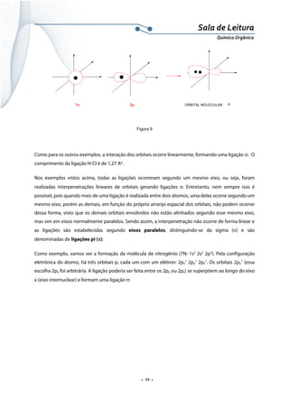  
 
 
.  11 . 
Sala de Leitura 
Química Orgânica 
1s σORBITAL MOLECULAR3p  
 
Figura 9
 
Como para os outros exemplos, a interação dos orbitais ocorre linearmente, formando uma ligação σ. O
comprimento da ligação H-Cl é de 1,27 Ao
.
Nos exemplos vistos acima, todas as ligações ocorreram segundo um mesmo eixo, ou seja, foram
realizadas interpenetrações lineares de orbitais gerando ligações σ. Entretanto, nem sempre isso é
possível, pois quando mais de uma ligação é realizada entre dois átomos, uma delas ocorre segundo um
mesmo eixo, porém as demais, em função do próprio arranjo espacial dos orbitais, não podem ocorrer
dessa forma, visto que os demais orbitais envolvidos não estão alinhados segundo esse mesmo eixo,
mas sim em eixos normalmente paralelos. Sendo assim, a interpenetração não ocorre de forma linear e
as ligações são estabelecidas segundo eixos paralelos, distinguindo-se da sigma (σ) e são
denominadas de ligações pi (π):
Como exemplo, vamos ver a formação da molécula de nitrogênio (7N: 1s2
2s2
2p3
). Pela configuração
eletrônica do átomo, há três orbitais p, cada um com um elétron: 2px
1
2py
1
2pz
1
. Os orbitais 2px
1
(essa
escolha 2px foi arbitrária. A ligação poderia ser feita entre os 2py ou 2pz) se superpõem ao longo do eixo
x (eixo internuclear) e formam uma ligação σ:
 