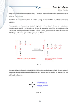  
 
 
.  16 . 
Sala de Leitura 
Química Orgânica 
e égua. Ela não é um jumento, nem uma égua. É uma mula, espécie diferente, resultante da hibridização
de outras duas espécies.
Os orbitais atômicos híbridos sp3
não são orbitais s nem p, mas novos orbitais advindos da hibridização
daqueles.
A distribuição eletrônica nesses novos orbitais segue a regra de Hund (físico alemão, 1896-1997): ao ser
preenchido um subnível, cada orbital desse subnível recebe apenas um elétron. O orbital só receberá
um segundo elétron quando todos os orbitais daquele subnível já possuírem um elétron. Assim, após a
hibridização, cada orbital sp3
do carbono possuirá um elétron:
energia
1s
2s
2px 2py 2pz
ORBITAIS ATÔMICOS DO CARBONO
HIBRIDIZAÇÃO
energia
1s
2sp3
ORBITAIS ATÔMICOS HÍBRIDOS
DO CARBONO
2sp3 2sp3
2sp3
 
Figura 16
Com essa nova distribuição eletrônica fica fácil entender que na molécula do metano formam-se quatro
ligações σ resultantes da interação orbitalar de cada um dos orbitais híbridos do carbono com um
orbital s do hidrogênio.
 
C
H
H
H
H
Quatro ligações σ C-H
resultantes da interação
do orbital sp3
do C com o
s do hidrogênio.  
 
Figura 17
 