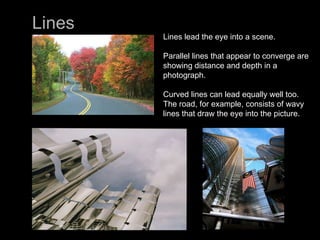 Lines Lines lead the eye into a scene. Parallel lines that appear to converge are showing distance and depth in a photograph.  Curved lines can lead equally well too. The road, for example, consists of wavy lines that draw the eye into the picture.   
