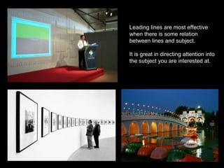 Leading lines are most effective when there is some relation  between lines and subject. It is great in directing attention into  the subject you are interested at. 