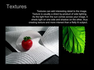 Textures Textures can add interesting detail to the image.  Texture is usually a direct by-product of side lighting.  As the light from the sun comes across your image, it sheds light on one side and shadow on the other, thus creating texture and more interest than a flatly lit subject.  