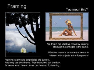 Framing Framing is a trick to emphasize the subject.  Anything can be a frame. Tree branches, car window, fences or even human arms can be used for framing.  No, this is not what we mean by framing, although the principle is the same.  What we mean is to frame the center of interest with objects in the foreground . You mean this? 