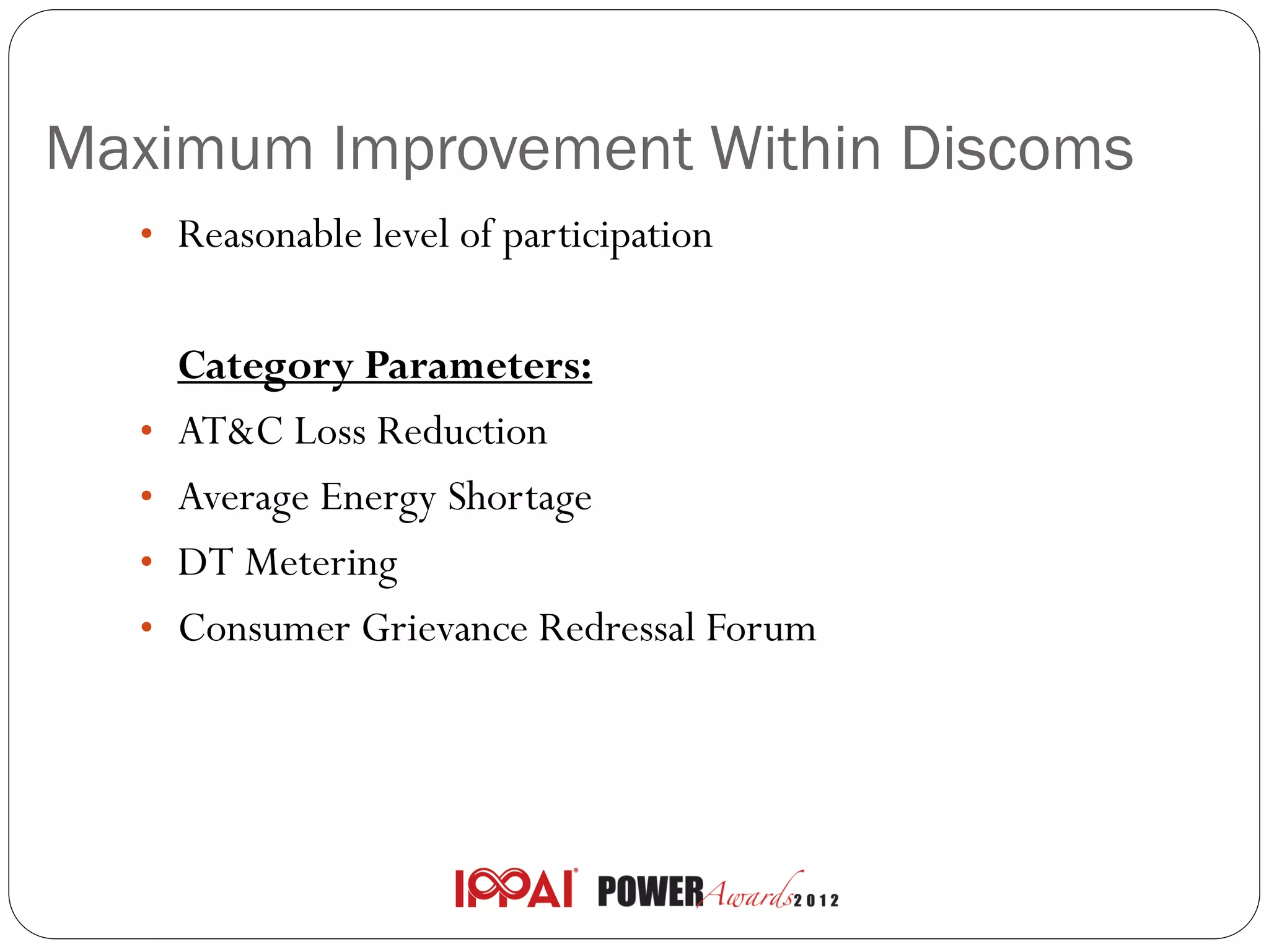 Maximum Improvement Within Discoms
  • Reasonable level of participation


      Category Parameters:
  •   AT&C Loss Reduction
  •   Average Energy Shortage
  •   DT Metering
  •   Consumer Grievance Redressal Forum
 