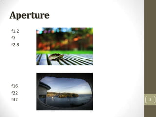 Aperture
f1.2
f2
f2.8




f16
f22
f32        3
 