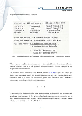  
 
 
.  7 . 
Sala de Leitura 
Reações Químicas 
A Figura 2 procura sintetizar nosso raciocínio:
 
Figura 2: Esquema explicativo da relação entre a lei das proporções constantes e a teoria atômica de Dalton.
 
Tal como fizemos aqui, Dalton também representou os átomos de diferentes elementos com diferentes
tipos de “bolinhas”, como se vê na. Entretanto, esta representação é bastante trabalhosa, e haja
imaginação para inventar bolinhas.
Mas, para nossa alegria, um químico sueco, chamado Berzelius (1779-1848), sugeriu uma notação que
usamos hoje, baseada nas iniciais dos nomes dos elementos. O zinco, por exemplo, passou a ser
simbolizado como Zn, o enxofre (do latim sulphur), passou a ser simbolizado como S. Portanto, a
representação da reação que discutimos acima passa a ser
Zn + S → ZnS. 
 
E, se quisermos dar mais informações ainda, podemos indicar o estado físico das substâncias em
questão, por meio dos índices (s), (l) e (g), para sólido, líquido e gasoso, respectivamente. No caso da
nossa reação, o produto formado, a blenda, é resultante da combinação de átomos de zinco e enxofre
entre si, e à blenda damos o nome de sulfeto de zinco.
 