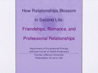 How Relationships Blossom
in Second Life:
Friendships, Romance, and
Professional Relationships
Department of Occupational Therapy
Jefferson School of Health Professions
Thomas Jefferson University
Philadelphia, PA 19107 USA

 