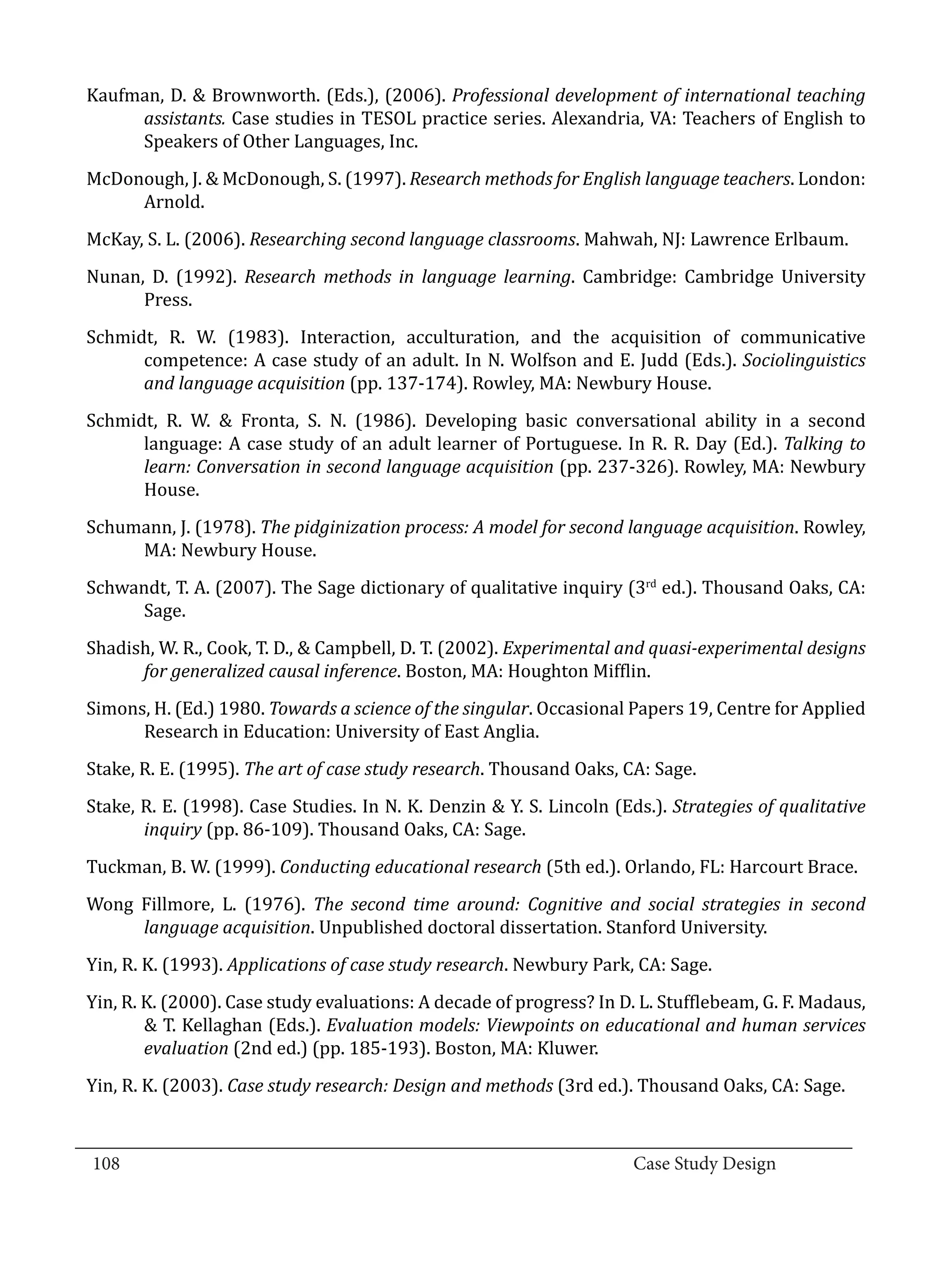 Kaufman, D. & Brownworth. (Eds.), (2006). Professional development of international teaching
       assistants. Case studies in TESOL practice series. Alexandria, VA: Teachers of English to
       Speakers of Other Languages, Inc.
  McDonough, J. & McDonough, S. (1997). Research methods for English language teachers. London:
       Arnold.
  McKay, S. L. (2006). Researching second language classrooms. Mahwah, NJ: Lawrence Erlbaum.
  Nunan, D. (1992). Research methods in language learning. Cambridge: Cambridge University
        Press.
  Schmidt, R. W. (1983). Interaction, acculturation, and the acquisition of communicative
        competence: A case study of an adult. In N. Wolfson and E. Judd (Eds.). Sociolinguistics
        and language acquisition (pp. 137-174). Rowley, MA: Newbury House.
  Schmidt, R. W. & Fronta, S. N. (1986). Developing basic conversational ability in a second
        language: A case study of an adult learner of Portuguese. In R. R. Day (Ed.). Talking to
        learn: Conversation in second language acquisition (pp. 237-326). Rowley, MA: Newbury
        House.
  Schumann, J. (1978). The pidginization process: A model for second language acquisition. Rowley,
       MA: Newbury House.
  Schwandt, T. A. (2007). The Sage dictionary of qualitative inquiry (3rd ed.). Thousand Oaks, CA:
        Sage.
  Shadish, W. R., Cook, T. D., & Campbell, D. T. (2002). Experimental and quasi-experimental designs
        for generalized causal inference. Boston, MA: Houghton Mifflin.
  Simons, H. (Ed.) 1980. Towards a science of the singular. Occasional Papers 19, Centre for Applied
        Research in Education: University of East Anglia.
  Stake, R. E. (1995). The art of case study research. Thousand Oaks, CA: Sage.
  Stake, R. E. (1998). Case Studies. In N. K. Denzin & Y. S. Lincoln (Eds.). Strategies of qualitative
         inquiry (pp. 86-109). Thousand Oaks, CA: Sage.
  Tuckman, B. W. (1999). Conducting educational research (5th ed.). Orlando, FL: Harcourt Brace.
  Wong Fillmore, L. (1976). The second time around: Cognitive and social strategies in second
       language acquisition. Unpublished doctoral dissertation. Stanford University.
  Yin, R. K. (1993). Applications of case study research. Newbury Park, CA: Sage.
  Yin, R. K. (2000). Case study evaluations: A decade of progress? In D. L. Stufflebeam, G. F. Madaus,
          & T. Kellaghan (Eds.). Evaluation models: Viewpoints on educational and human services
          evaluation (2nd ed.) (pp. 185-193). Boston, MA: Kluwer.
  Yin, R. K. (2003). Case study research: Design and methods (3rd ed.). Thousand Oaks, CA: Sage.

_________________________________________________________________________________
  108									Case Study Design			
			
 
