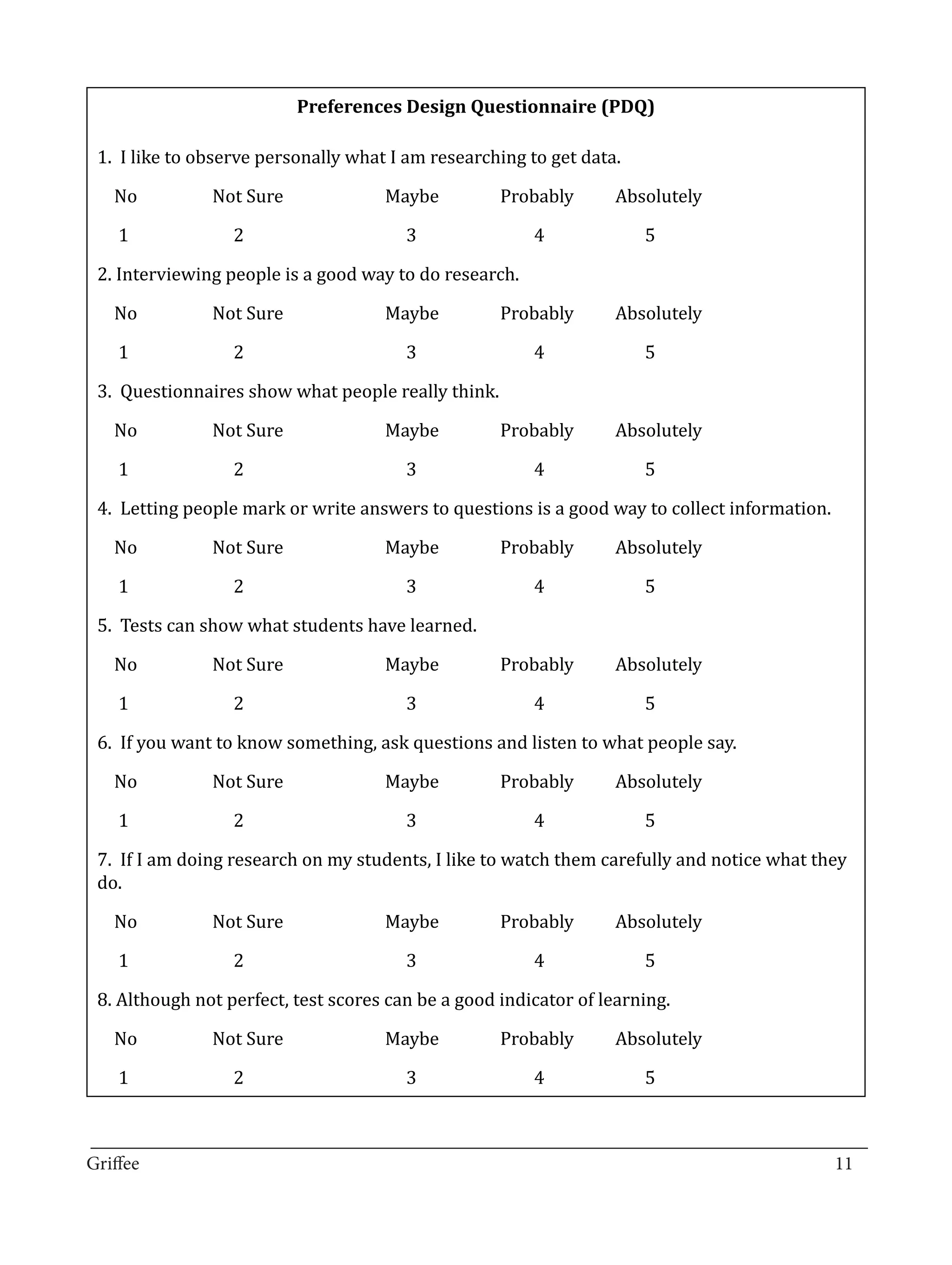 Preferences Design Questionnaire (PDQ)

 1. I like to observe personally what I am researching to get data.

   No		        Not Sure		            Maybe		        Probably	      Absolutely

   1		            2			                  3		             4		           5

 2. Interviewing people is a good way to do research.

   No		        Not Sure		            Maybe		        Probably	      Absolutely

   1		            2			                  3		             4		           5

 3. Questionnaires show what people really think.

   No		        Not Sure		            Maybe		        Probably	      Absolutely

   1		            2			                  3		             4		           5

 4. Letting people mark or write answers to questions is a good way to collect information.

   No		        Not Sure		            Maybe		        Probably	      Absolutely

   1		            2			                  3		             4		           5

 5. Tests can show what students have learned.

   No		        Not Sure		            Maybe		        Probably	      Absolutely

   1		            2			                  3		             4		           5

 6. If you want to know something, ask questions and listen to what people say.

   No		        Not Sure		            Maybe		        Probably	      Absolutely

   1		            2			                  3		             4		           5

 7. If I am doing research on my students, I like to watch them carefully and notice what they
 do.

   No		        Not Sure		            Maybe		        Probably	      Absolutely

   1		            2			                  3		             4		           5

 8. Although not perfect, test scores can be a good indicator of learning.

   No		        Not Sure		            Maybe		        Probably	      Absolutely

   1		            2			                  3		             4		           5


_________________________________________________________________________________
Griffee										 			11
 