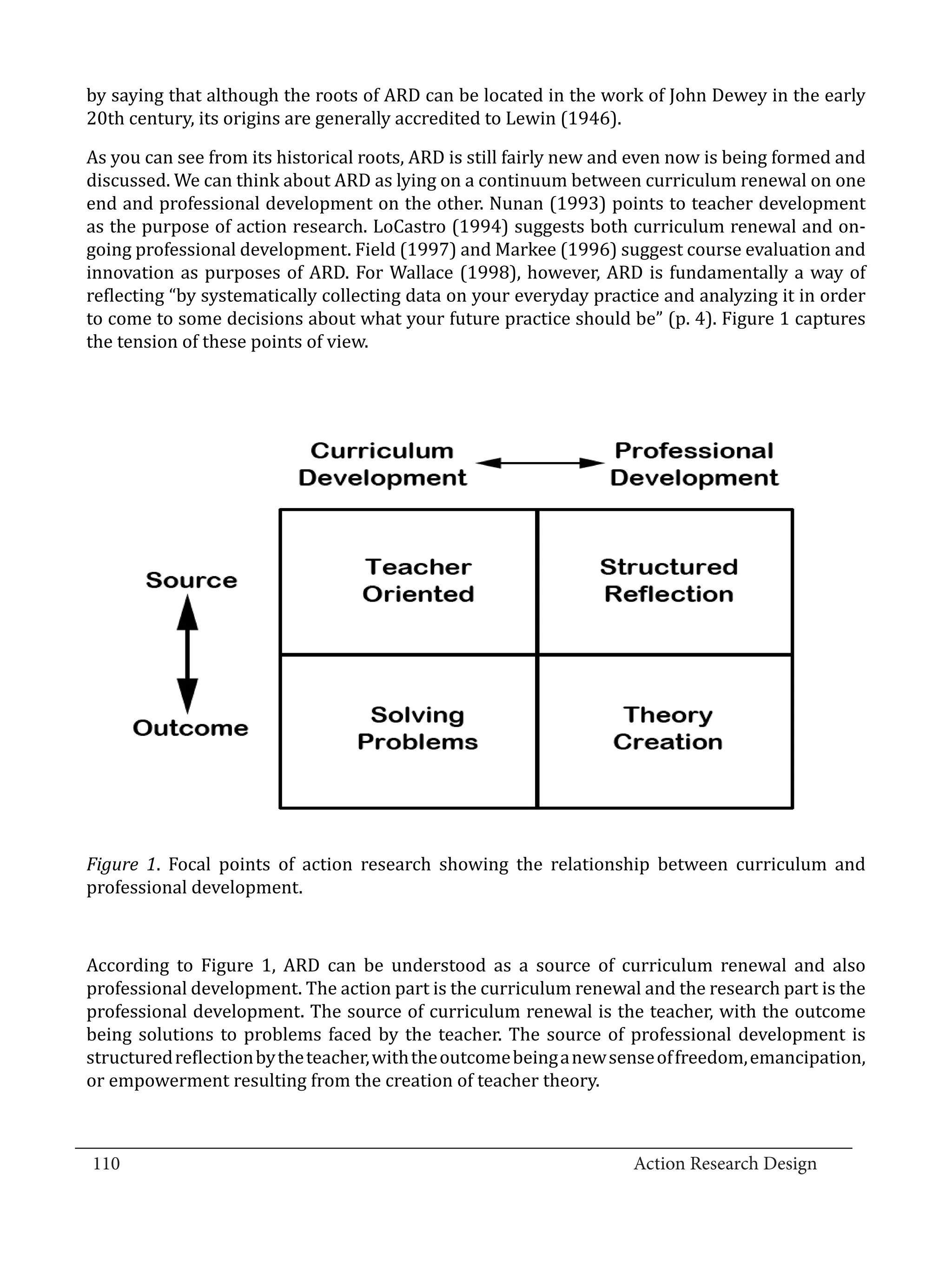 by saying that although the roots of ARD can be located in the work of John Dewey in the early
  20th century, its origins are generally accredited to Lewin (1946).

  As you can see from its historical roots, ARD is still fairly new and even now is being formed and
  discussed. We can think about ARD as lying on a continuum between curriculum renewal on one
  end and professional development on the other. Nunan (1993) points to teacher development
  as the purpose of action research. LoCastro (1994) suggests both curriculum renewal and on-
  going professional development. Field (1997) and Markee (1996) suggest course evaluation and
  innovation as purposes of ARD. For Wallace (1998), however, ARD is fundamentally a way of
  reflecting “by systematically collecting data on your everyday practice and analyzing it in order
  to come to some decisions about what your future practice should be” (p. 4). Figure 1 captures
  the tension of these points of view.




  Figure 1. Focal points of action research showing the relationship between curriculum and
  professional development.



  According to Figure 1, ARD can be understood as a source of curriculum renewal and also
  professional development. The action part is the curriculum renewal and the research part is the
  professional development. The source of curriculum renewal is the teacher, with the outcome
  being solutions to problems faced by the teacher. The source of professional development is
  structured reflection by the teacher, with the outcome being a new sense of freedom, emancipation,
  or empowerment resulting from the creation of teacher theory.


_________________________________________________________________________________
  110									Action Research Design		
				
 