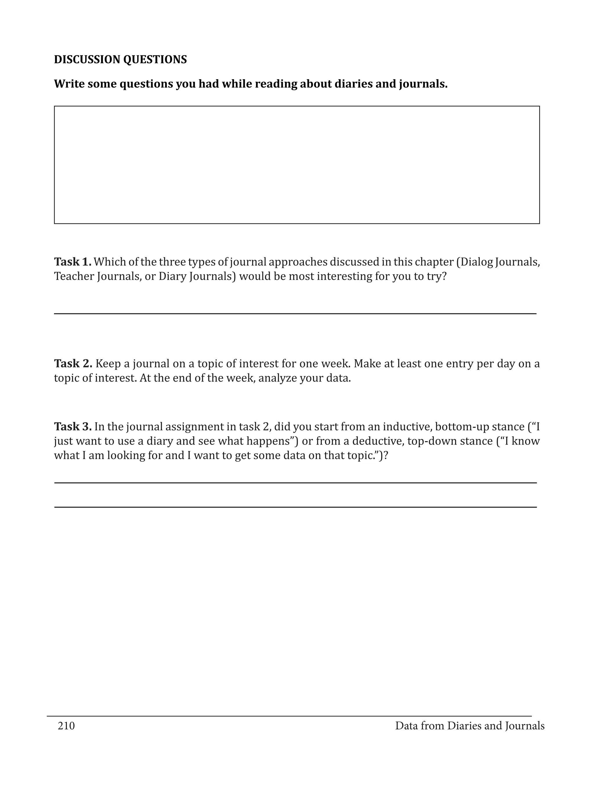 DISCUSSION QUESTIONS

  Write some questions you had while reading about diaries and journals.




  Task 1. Which of the three types of journal approaches discussed in this chapter (Dialog Journals,
  Teacher Journals, or Diary Journals) would be most interesting for you to try?




  Task 2. Keep a journal on a topic of interest for one week. Make at least one entry per day on a
  topic of interest. At the end of the week, analyze your data.



  Task 3. In the journal assignment in task 2, did you start from an inductive, bottom-up stance (“I
  just want to use a diary and see what happens”) or from a deductive, top-down stance (“I know
  what I am looking for and I want to get some data on that topic.”)?




_________________________________________________________________________________
  210									Data from Diaries and Journals	
						
 