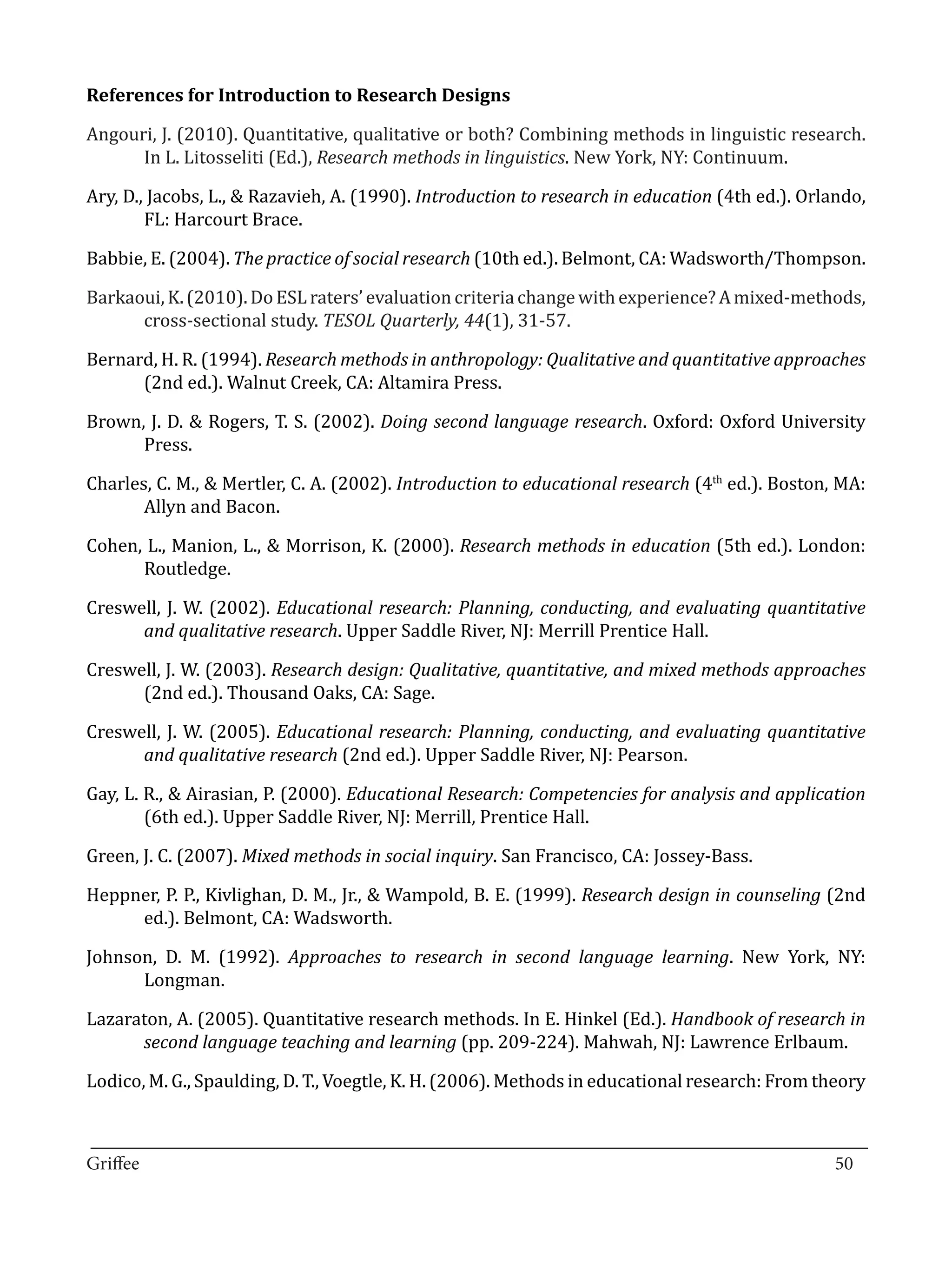 Angouri, J. (2010). Quantitative, qualitative or both? Combining methods in linguistic research.
References for Introduction to Research Designs


      In L. Litosseliti (Ed.), Research methods in linguistics. New York, NY: Continuum.

Ary, D., Jacobs, L., & Razavieh, A. (1990). Introduction to research in education (4th ed.). Orlando,
        FL: Harcourt Brace.

Babbie, E. (2004). The practice of social research (10th ed.). Belmont, CA: Wadsworth/Thompson.

Barkaoui, K. (2010). Do ESL raters’ evaluation criteria change with experience? A mixed-methods,
      cross-sectional study. TESOL Quarterly, 44(1), 31-57.

Bernard, H. R. (1994). Research methods in anthropology: Qualitative and quantitative approaches
      (2nd ed.). Walnut Creek, CA: Altamira Press.

Brown, J. D. & Rogers, T. S. (2002). Doing second language research. Oxford: Oxford University
      Press.

Charles, C. M., & Mertler, C. A. (2002). Introduction to educational research (4th ed.). Boston, MA:
       Allyn and Bacon.

Cohen, L., Manion, L., & Morrison, K. (2000). Research methods in education (5th ed.). London:
      Routledge.

Creswell, J. W. (2002). Educational research: Planning, conducting, and evaluating quantitative
      and qualitative research. Upper Saddle River, NJ: Merrill Prentice Hall.

Creswell, J. W. (2003). Research design: Qualitative, quantitative, and mixed methods approaches
      (2nd ed.). Thousand Oaks, CA: Sage.

Creswell, J. W. (2005). Educational research: Planning, conducting, and evaluating quantitative
      and qualitative research (2nd ed.). Upper Saddle River, NJ: Pearson.

Gay, L. R., & Airasian, P. (2000). Educational Research: Competencies for analysis and application
        (6th ed.). Upper Saddle River, NJ: Merrill, Prentice Hall.

Green, J. C. (2007). Mixed methods in social inquiry. San Francisco, CA: Jossey-Bass.

Heppner, P. P., Kivlighan, D. M., Jr., & Wampold, B. E. (1999). Research design in counseling (2nd
     ed.). Belmont, CA: Wadsworth.

Johnson, D. M. (1992). Approaches to research in second language learning. New York, NY:
      Longman.

Lazaraton, A. (2005). Quantitative research methods. In E. Hinkel (Ed.). Handbook of research in
      second language teaching and learning (pp. 209-224). Mahwah, NJ: Lawrence Erlbaum.

Lodico, M. G., Spaulding, D. T., Voegtle, K. H. (2006). Methods in educational research: From theory


_________________________________________________________________________________
Griffee										 			50
 
