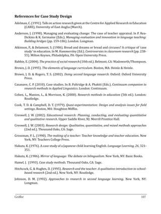 References for Case Study Design
Adelman, C. (1991). Talk on action research given at the Centre for Applied Research in Education
     (CARE), University of East Anglia (March).
Anderson, J. (1998). Managing and evaluating change: The case of teacher appraisal. In P. Rea-
      Dickins & K. Germaine (Eds.). Managing evaluation and innovation in language teaching:
      Building bridges (pp. 159-186). London: Longman.
Atkinson, P., & Delamont, S. (1986). Bread and dreams or bread and circuses? A critique of ‘case
      study’ in education. In M. Hammersley (Ed.). Controversies in classroom research (pp. 238-
      55). Milton Keynes, Philadelphia, PA: Open University Press.
Babbie, E. (2004). The practice of social research (10th ed.). Belmont, CA: Wadsworth/Thompson.
Brown, J. D. (1995). The elements of language curriculum. Boston, MA: Heinle & Heinle.
Brown, J. D. & Rogers, T. S. (2002). Doing second language research. Oxford: Oxford University
      Press.
Casanave, C. P. (2010). Case studies. In B. Paltridge & A. Phakiti (Eds.), Continuum companion to
      research methods in Applied Linguistics. London: Continuum.
Cohen, L,, Manion, L., & Morrison, K. (2000). Research methods in education (5th ed.). London:
      Routledge.
Cook, T. D. & Campbell, D. T. (1979). Quasi-experimentation: Design and analysis issues for field
       settings. Boston, MA: Houghton Mifflin.
Creswell, J. W. (2002). Educational research: Planning, conducting, and evaluating quantitative
      and qualitative research. Upper Saddle River, NJ: Merrill Prentice Hall.
Creswell, J. W. (2003). Research design: Qualitative, quantitative, and mixed methods approaches
      (2nd ed.). Thousand Oaks, CA: Sage.
Grossman, P. L. (1990). The making of a teacher: Teacher knowledge and teacher education. New
      York, NY: Teachers College Press.
Hakuta, K. (1976). A case study of a Japanese child learning English. Language Learning, 26, 321-
      351.
Hakuta, K. (1986). Mirror of language: The debate on bilingualism. New York, NY: Basic Books.
Hamel, J. (1993). Case study methods. Thousand Oaks, CA: Sage.
Hitchcock, G. & Hughes, D. (1995). Research and the teacher: A qualitative introduction to school-
       based research (2nd ed.). New York, NY: Routledge.
Johnson, D. M. (1992). Approaches to research in second language learning. New York, NY:
      Longman.


_________________________________________________________________________________
Griffee										 			107
 