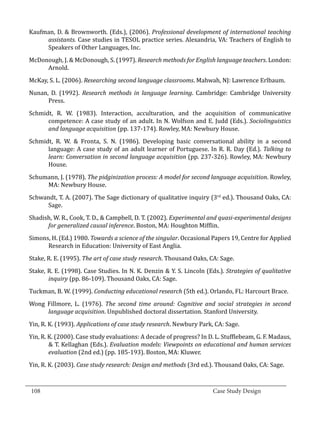 Kaufman, D. & Brownworth. (Eds.), (2006). Professional development of international teaching
       assistants. Case studies in TESOL practice series. Alexandria, VA: Teachers of English to
       Speakers of Other Languages, Inc.
  McDonough, J. & McDonough, S. (1997). Research methods for English language teachers. London:
       Arnold.
  McKay, S. L. (2006). Researching second language classrooms. Mahwah, NJ: Lawrence Erlbaum.
  Nunan, D. (1992). Research methods in language learning. Cambridge: Cambridge University
        Press.
  Schmidt, R. W. (1983). Interaction, acculturation, and the acquisition of communicative
        competence: A case study of an adult. In N. Wolfson and E. Judd (Eds.). Sociolinguistics
        and language acquisition (pp. 137-174). Rowley, MA: Newbury House.
  Schmidt, R. W. & Fronta, S. N. (1986). Developing basic conversational ability in a second
        language: A case study of an adult learner of Portuguese. In R. R. Day (Ed.). Talking to
        learn: Conversation in second language acquisition (pp. 237-326). Rowley, MA: Newbury
        House.
  Schumann, J. (1978). The pidginization process: A model for second language acquisition. Rowley,
       MA: Newbury House.
  Schwandt, T. A. (2007). The Sage dictionary of qualitative inquiry (3rd ed.). Thousand Oaks, CA:
        Sage.
  Shadish, W. R., Cook, T. D., & Campbell, D. T. (2002). Experimental and quasi-experimental designs
        for generalized causal inference. Boston, MA: Houghton Mifflin.
  Simons, H. (Ed.) 1980. Towards a science of the singular. Occasional Papers 19, Centre for Applied
        Research in Education: University of East Anglia.
  Stake, R. E. (1995). The art of case study research. Thousand Oaks, CA: Sage.
  Stake, R. E. (1998). Case Studies. In N. K. Denzin & Y. S. Lincoln (Eds.). Strategies of qualitative
         inquiry (pp. 86-109). Thousand Oaks, CA: Sage.
  Tuckman, B. W. (1999). Conducting educational research (5th ed.). Orlando, FL: Harcourt Brace.
  Wong Fillmore, L. (1976). The second time around: Cognitive and social strategies in second
       language acquisition. Unpublished doctoral dissertation. Stanford University.
  Yin, R. K. (1993). Applications of case study research. Newbury Park, CA: Sage.
  Yin, R. K. (2000). Case study evaluations: A decade of progress? In D. L. Stufflebeam, G. F. Madaus,
          & T. Kellaghan (Eds.). Evaluation models: Viewpoints on educational and human services
          evaluation (2nd ed.) (pp. 185-193). Boston, MA: Kluwer.
  Yin, R. K. (2003). Case study research: Design and methods (3rd ed.). Thousand Oaks, CA: Sage.

_________________________________________________________________________________
  108									Case Study Design			
			
 
