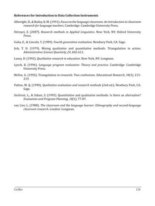 Allwright, D., & Bailey, K. M. (1991). Focus on the language classroom: An introduction to classroom
References for Introduction to Data Collection Instruments


       research for language teachers. Cambridge: Cambridge University Press.

Dörnyei, Z. (2007). Research methods in Applied Linguistics. New York, NY: Oxford University
      Press.

Guba, E., & Lincoln, Y. (1989). Fourth generation evaluation. Newbury Park, CA: Sage.

Jick, T. D. (1979). Mixing qualitative and quantitative methods: Triangulation in action.
        Administrative Science Quarterly, 24, 602-611.

Lancy, D. (1992). Qualitative research in education. New York, NY: Longman.

Lynch, B. (1996). Language program evaluation: Theory and practice. Cambridge: Cambridge
       University Press.

McFee, G. (1992). Triangulation in research: Two confusions. Educational Research, 34(3), 215-
      219.

Patton, M. Q. (1990). Qualitative evaluation and research methods (2nd ed.). Newbury Park, CA:
       Sage.

Sechrest, L., & Sidani, S. (1995). Quantitative and qualitative methods: Is there an alternative?
      Evaluation and Program Planning, 18(1), 77-87.

van Lier, L. (1988). The classroom and the language learner: Ethnography and second-language
       classroom research. London: Longman.




_________________________________________________________________________________
Griffee										 			134
 