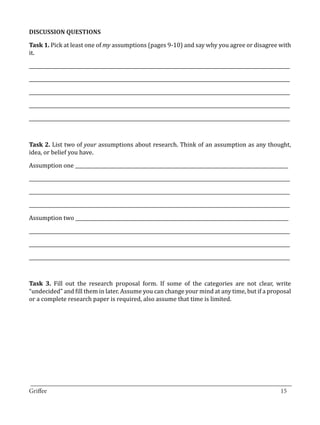 Task 1. Pick at least one of my assumptions (pages 9-10) and say why you agree or disagree with
DISCUSSION QUESTIONS


it.

_____________________________________________________________________________________________________________

_____________________________________________________________________________________________________________

_____________________________________________________________________________________________________________

_____________________________________________________________________________________________________________

_____________________________________________________________________________________________________________



Task 2. List two of your assumptions about research. Think of an assumption as any thought,
idea, or belief you have.

Assumption one _________________________________________________________________________________________

_____________________________________________________________________________________________________________

_____________________________________________________________________________________________________________

_____________________________________________________________________________________________________________

Assumption two _________________________________________________________________________________________

_____________________________________________________________________________________________________________

_____________________________________________________________________________________________________________

_____________________________________________________________________________________________________________



Task 3. Fill out the research proposal form. If some of the categories are not clear, write
“undecided” and fill them in later. Assume you can change your mind at any time, but if a proposal
or a complete research paper is required, also assume that time is limited.




_________________________________________________________________________________
Griffee										 			15
 