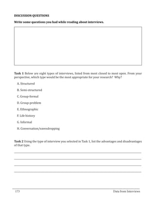 DISCUSSION QUESTIONS

  Write some questions you had while reading about interviews.




  Task 1 Below are eight types of interviews, listed from most closed to most open. From your
  perspective, which type would be the most appropriate for your research? Why?

    A. Structured

    B. Semi-structured

    C. Group-formal

    D. Group-problem

    E. Ethnographic

    F. Life history

    G. Informal

    H. Conversation/eavesdropping



  Task 2 Using the type of interview you selected in Task 1, list the advantages and disadvantages
  of that type.

  _____________________________________________________________________________________________________________

  _____________________________________________________________________________________________________________

  _____________________________________________________________________________________________________________

  _____________________________________________________________________________________________________________




_________________________________________________________________________________
  173										Data from Interviews		
					
 