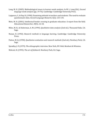Long, M. H. (2005). Methodological issues in learner needs analysis. In M. L. Long (Ed.). Second
      language needs analysis (pp. 19-76). Cambridge: Cambridge University Press.

Luppescu, S., & Day, R. (1990). Examining attitude in teachers and students: The need to evaluate
      questionnaire data. Second Language Research, 6(2), 125-134.

Metz, M. H. (2001). Intellectual border crossing in graduate education: A report from the field.
      Educational Researcher, 30(5), 12-18.

Miles, M. B., & Huberman, A. M. (1994). Qualitative data analysis (2nd ed.). Thousand Oaks, CA:
       Sage.

Nunan, D. (1992). Research methods in language learning. Cambridge: Cambridge University
     Press.

Patton, M. Q. (1990). Qualitative evaluation and research methods (2nd ed.). Newbury Park, CA:
       Sage.

Spradley, J. P. (1979). The ethnographic interview. New York, NY: Holt, Reinhart & Winston.

Wolcott, H. (1995). The art of fieldwork. Newbury Park, CA: Sage.




_________________________________________________________________________________
Griffee										 			176
 