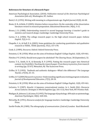 American Psychological Association. (2010). Publication manual of the American Psychological
  References for Structure of a Research Paper


        Association (6th ed.). Washington, DC: Author.

  Baird, S. E. (1992). Writing with meaning in a dispassionate age. English Journal, 81(8), 66-68.

  Boote, D. N., & Beile, P. (2005). Scholars before researchers: On the centrality of the dissertation
         literature review in research preparation. Educational Researcher, 34(6), 3-15.

  Brown, J. D. (1988). Understanding research in second language learning: A teacher’s guide to
        statistics and research design. Cambridge: Cambridge University Press.

  Carino, P. A. (1984). The college research paper vs. the high school research paper. Indiana
         English, 7(2), 6-11.

  Chapelle, C. A., & Duff, P. A. (2003). Some guidelines for conducting quantitative and qualitative
        research in TESOL. TESOL Quarterly, 37(1), 157-178.

  Cook, G. (1989). Discourse. Oxford: Oxford University Press.

  Feinstein, G. W. (1950). What are the aims of freshman English? College English, 11(8), 459-461.

  Fletcher, P F. (1963). Should term papers be abolished? The Clearing House, 38 (September), 32.

  Gaston, T. E., Smith, B. H., & Kennedy, R. P. (1995). Putting the research paper into rhetorical
        context. In J. Ford (Ed.). Teaching the research paper: From theory to practice, from research
        to writing (pp. 55-67). Metuchen, NJ: The Scarecrow Press.

  Griffee, D. T. (1993). Textbook and authentic dialogues—What’s the difference? The Language
          Teacher, 27(10), 25–33.

  Griffee, D. T. (2004) Research in practice: Understanding significance testing program evaluation.
          Journal of Developmental Education, 27(3), 28-34.

  Feinstein, G. W. (1950). What are the aims of freshman English? College English, 11(8), 459-461.

  LoCastro, V. (1987). Aizuchi: A Japanese conversational routine. In L. Smith (Ed.). Discourse
        Across Cultures: Strategies in World Englishes (pp. 101-113). New York, NY: Prentice Hall.

  Madigan, R., Johnson, S., & Linton, P. (1995). The language of psychology: APA style as epistemology.
        American Psychologist, 50(6). 428-436.

  McCarthy, M. (1991). Discourse analysis for language teachers. Cambridge: Cambridge University
        Press.

  Saville-Troike, M. (1989). The ethnography of communication. (2nd ed.) London: Basil Blackwell.




_________________________________________________________________________________
  40									Structure of a Research Paper		
					
 