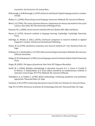 to practice. San Francisco, CA: Jossey-Bass.

  McDonough, J., & McDonough, S. (1997). Research methods for English language teachers. London:
       Arnold.

  McKay, S. L. (2006). Researching second language classrooms. Mahwah, NJ: Lawrence Erlbaum.

  Mohr, L. B. (1996). The causes of human behavior: Implications for theory and method in the social
         sciences. Ann Arbor, MI: The University of Michigan Press.

  Neuman, W. L. (2000). Social research methods (4th ed.). Boston, MA: Allyn and Bacon.

  Nunan, D. (1992). Research methods in language learning. Cambridge: Cambridge University
        Press.

  Paltridge, B., Phakiti, A. (Eds.). (2010). Continuum companion to research methods in Applied
         Linguistics. London: Continuum International Publishing.

  Patton, M. Q. (1990). Qualitative evaluation and research methods (2nd ed.). Newbury Park, CA:
         Sage.

  Pedhazur, E. S., & Schmelkin, L. P. (1991). Measurement design and analysis. Hillsdale, NJ: Lawrence
        Erlbaum Associates.

  Seliger, H. W., & Shohamy, E. (1989). Second language research methods. Oxford: Oxford University
          Press.

  Singer, M. (2005). The legacy of positivism. New York, NY: Palgrave Macmillan.

  Smith, M. L. (2006). Multiple methodology in education research. In J. L. Green, G. Camilli, P.
         B. Elmore, A. Skukauskaite, & E. Grace (Eds.), Handbook of complementary methods in
         education research (pp. 457-475). Mahwah, NJ: Lawrence Erlbaum.

  Tashakkori, A., & Teddlie C. (1998). Mixed methodology: Combining qualitative and qualitative
        approaches. Thousand Oaks, CA: Sage.

  Tuckman, B. W. (1999). Conducting educational research (5th ed.). Orlando, FL: Harcourt Brace.

  Vogt, W. P. (1999). Dictionary of statistics & methodology (2nd ed.). Thousand Oaks, CA: Sage.




_________________________________________________________________________________
  51								Introduction to Research Designs		
				
 